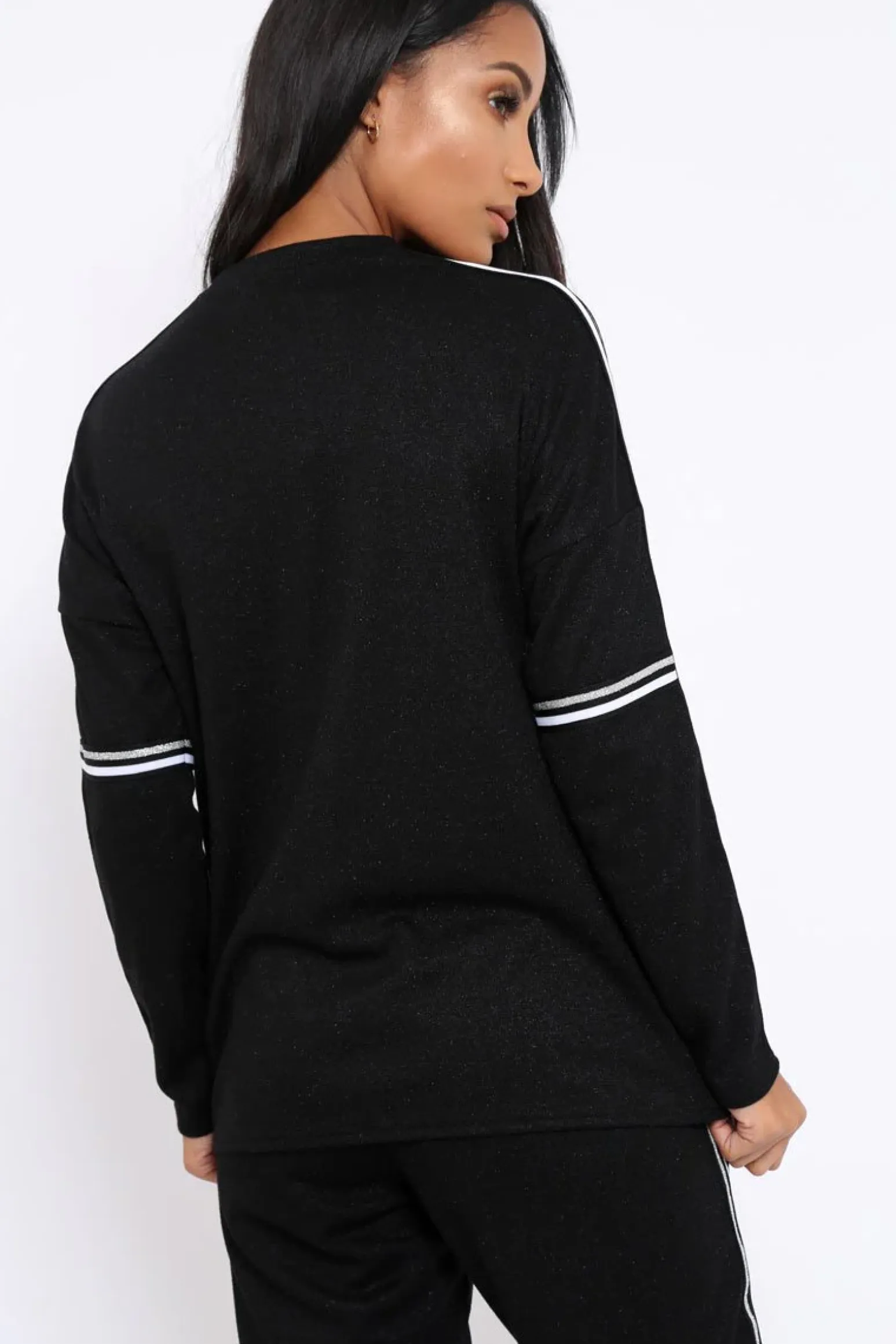 Rebellious Fashion Black Sparkle Striped Loungewear Set - Shellie
