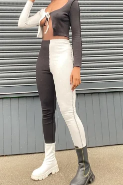 Rebellious Fashion Black Splice Contrast Stitch Tie Front Crop Top + Leggings - Ryia