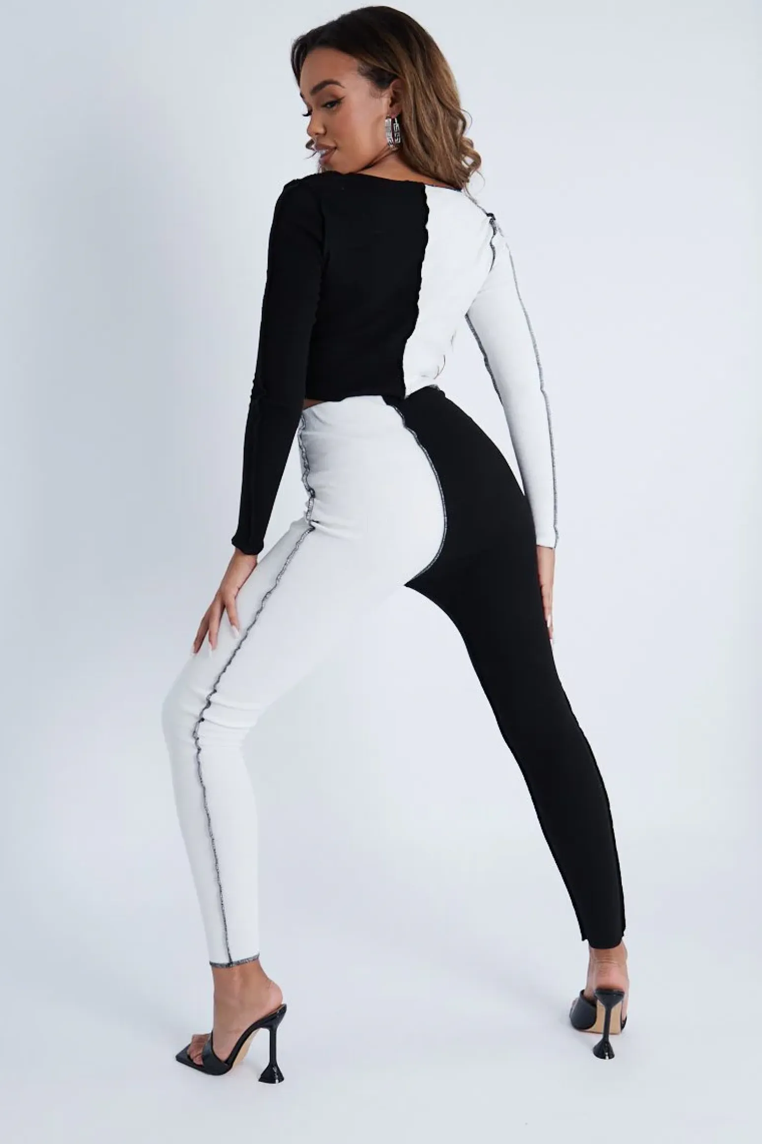 Rebellious Fashion Black Splice Contrast Stitch Tie Front Crop Top + Leggings - Ryia