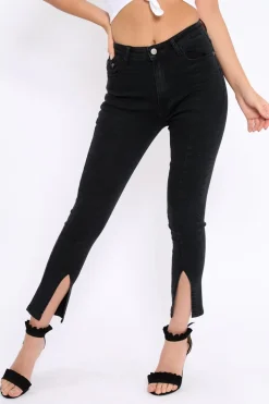Rebellious Fashion Black Split At Front Of Leg Skinny Jeans - Nola