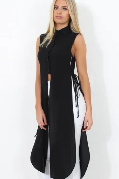 Rebellious Fashion Black Split Detail Longline Shirt - Eva