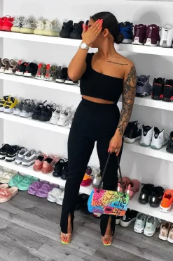 Rebellious Fashion Black Split Front Flared Trousers - Florie