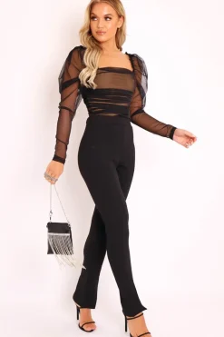 Rebellious Fashion Black Split Front Flared Trousers - Florie