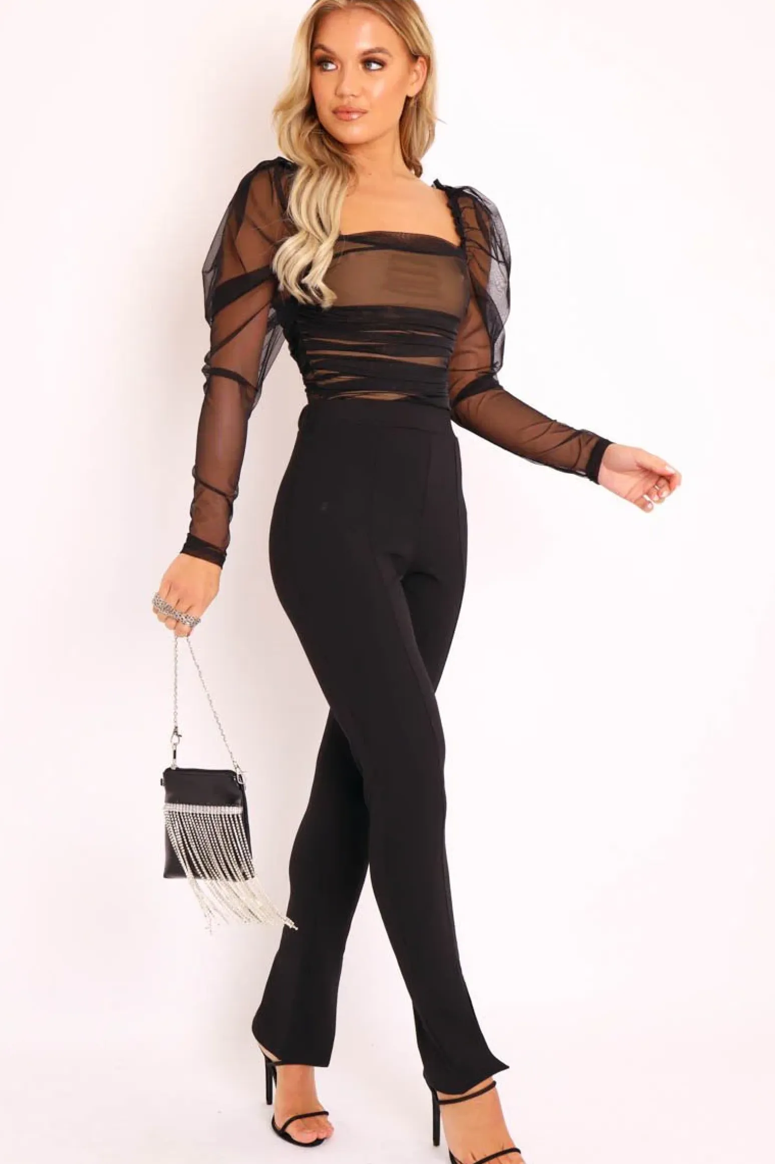 Rebellious Fashion Black Split Front Flared Trousers - Florie