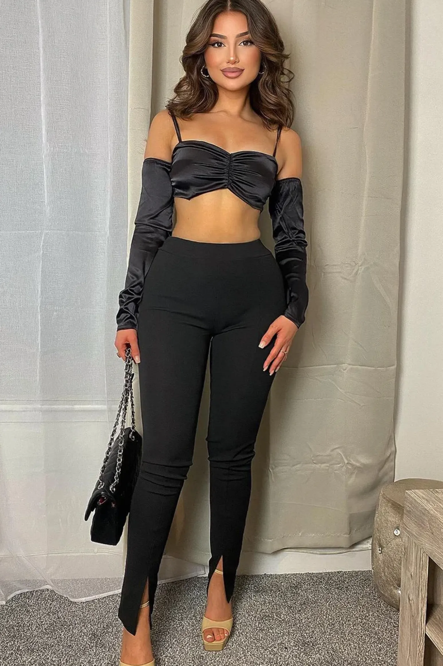 Rebellious Fashion Black Split Front Flared Trousers - Florie
