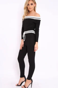 Rebellious Fashion Black Sports Trim Bardot Jumpsuit - Millie