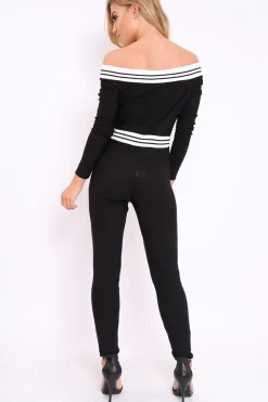 Rebellious Fashion Black Sports Trim Bardot Jumpsuit - Millie