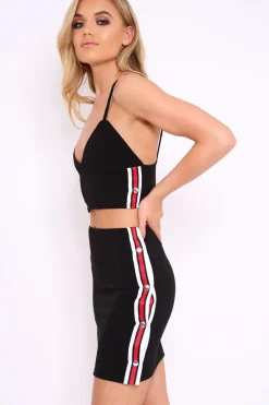 Rebellious Fashion Black Sports Trim Bralet and Skirt Co-ord - Evangeline
