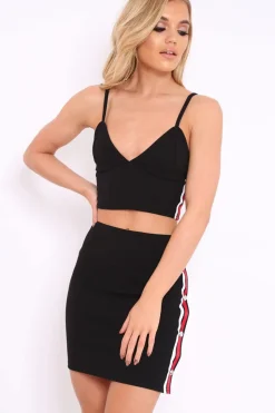 Rebellious Fashion Black Sports Trim Bralet and Skirt Co-ord - Evangeline