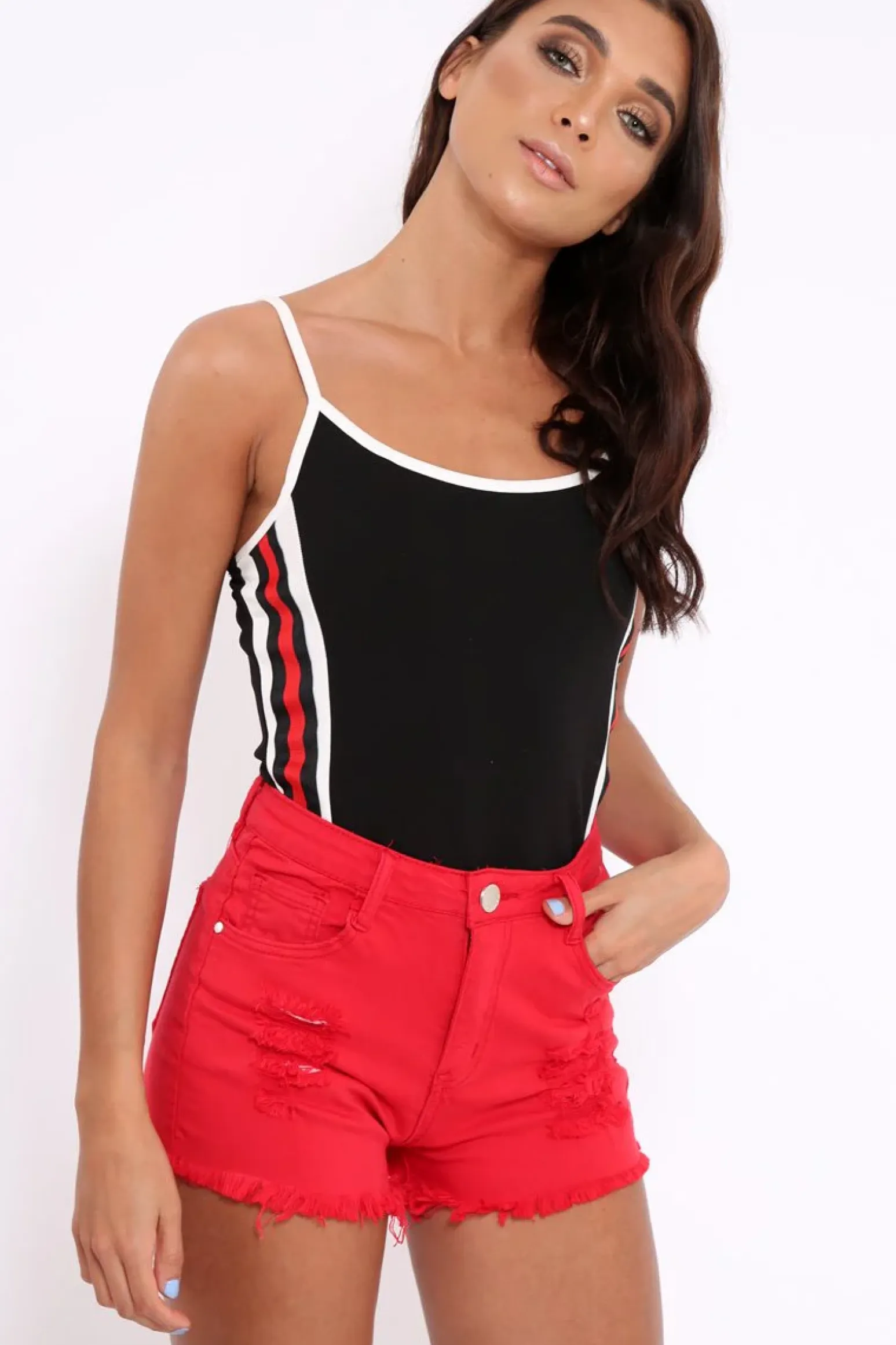 Rebellious Fashion Black Sports Trim Side Stripe Bodysuit - Marlow