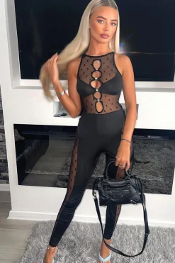 Rebellious Fashion Black Spot Mesh Key Hole Jumpsuit - Darla