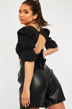 Rebellious Fashion Black Square Neck Open Back Crop Top - Faisa