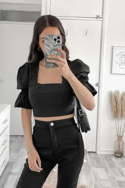 Rebellious Fashion Black Square Neck Open Back Crop Top - Faisa