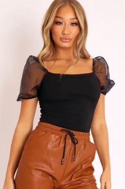 Rebellious Fashion Black Square Neck Puff Sleeve Bodysuit - Kataliya