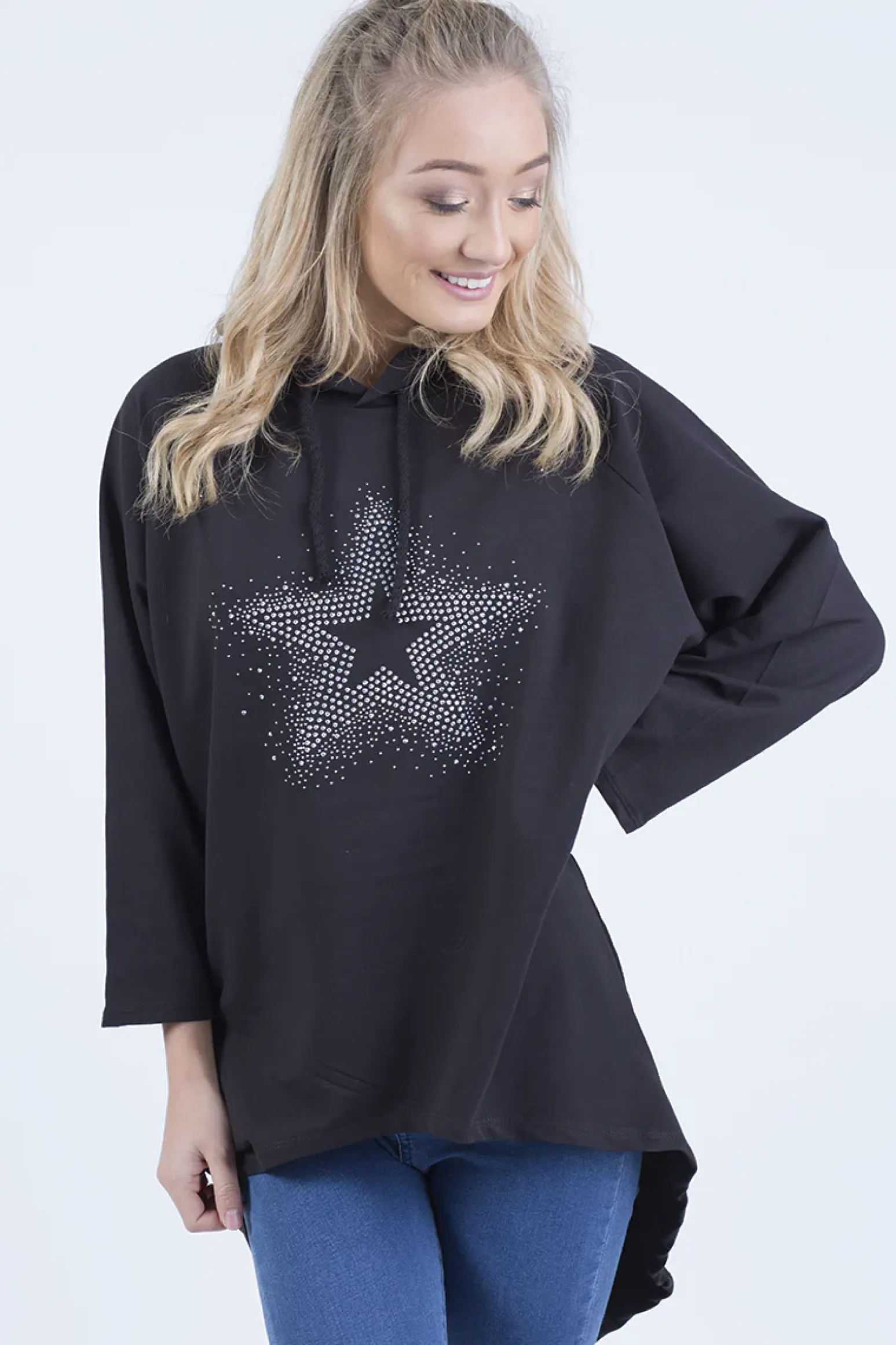 Rebellious Fashion Black Star Diamante Oversized Hoodie - Sarah