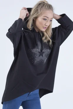 Rebellious Fashion Black Star Diamante Oversized Hoodie - Sarah