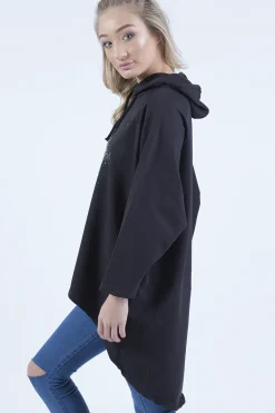 Rebellious Fashion Black Star Diamante Oversized Hoodie - Sarah