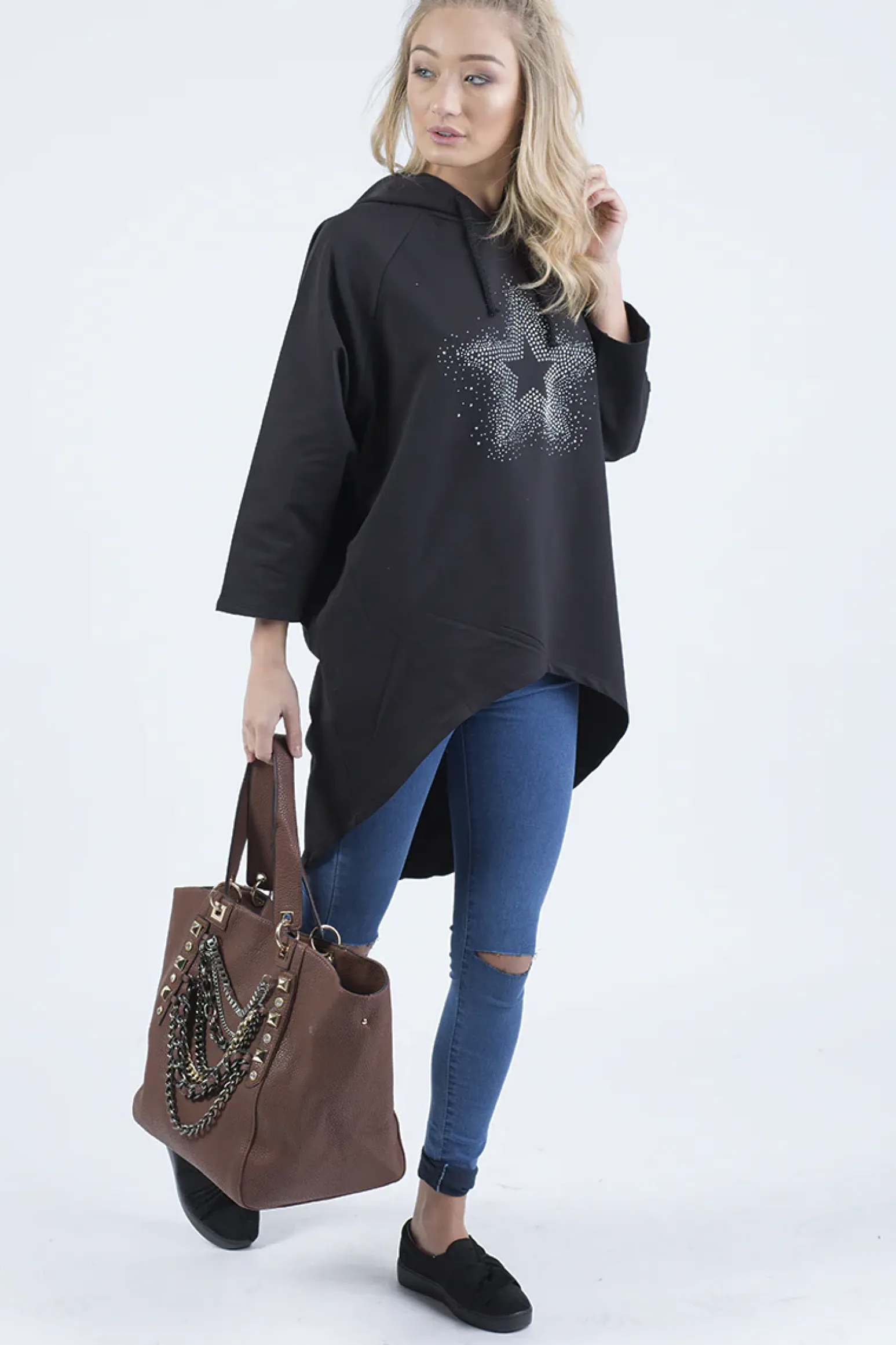 Rebellious Fashion Black Star Diamante Oversized Hoodie - Sarah
