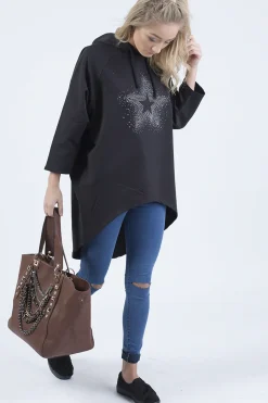 Rebellious Fashion Black Star Diamante Oversized Hoodie - Sarah