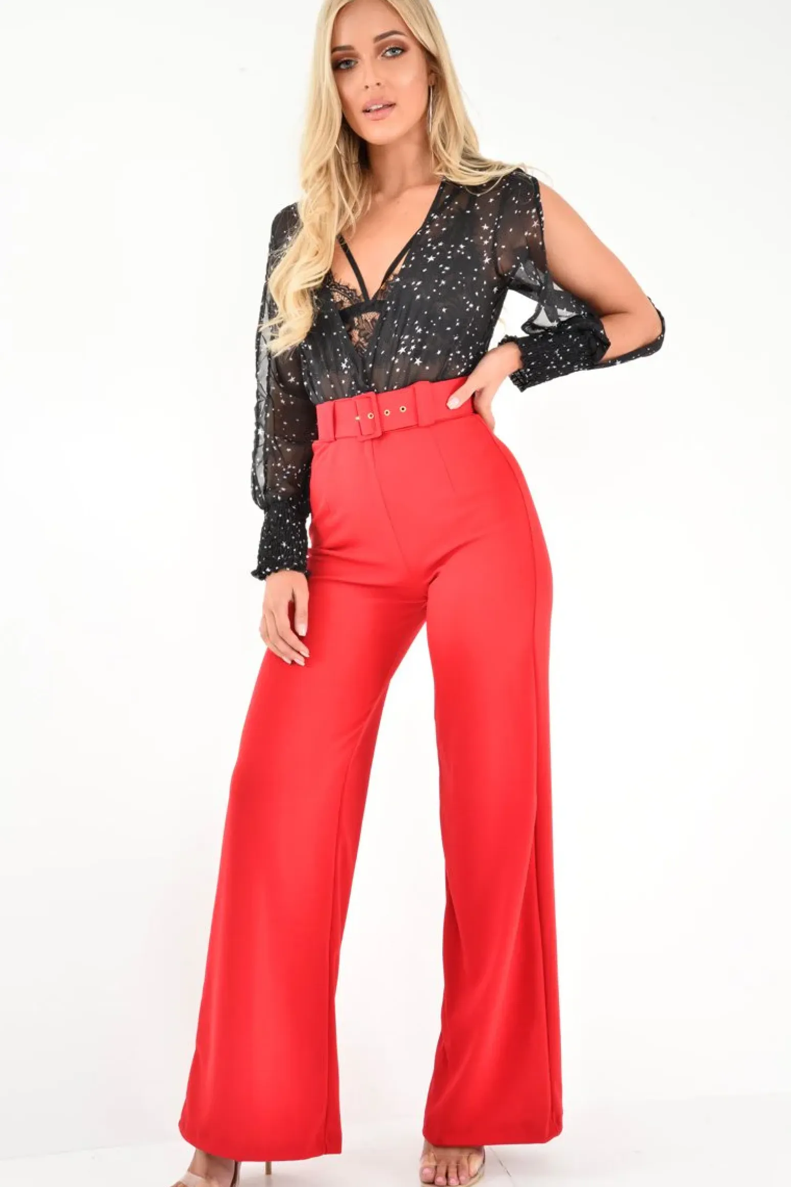 Rebellious Fashion Black Star Print Plunge Shirred Open Sleeve Bodysuit - Dulcemaria