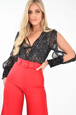 Rebellious Fashion Black Star Print Plunge Shirred Open Sleeve Bodysuit - Dulcemaria