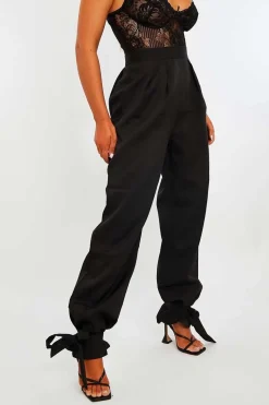 Rebellious Fashion Black Straight Leg Ankle Tie Trouser - Darby