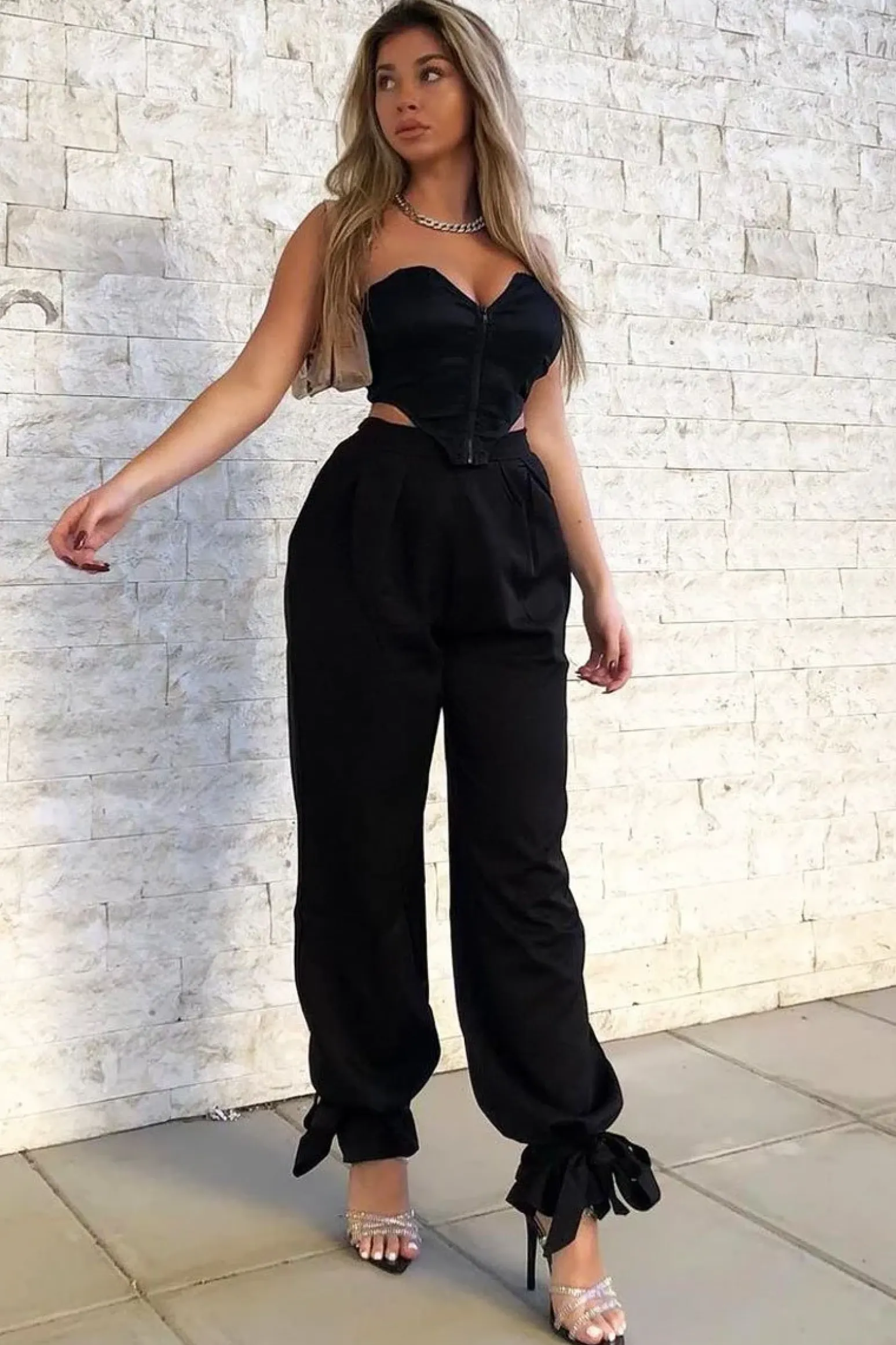 Rebellious Fashion Black Straight Leg Ankle Tie Trouser - Darby