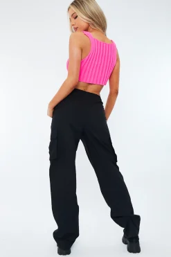 Rebellious Fashion Black Straight Leg Cargo Trousers - Aida