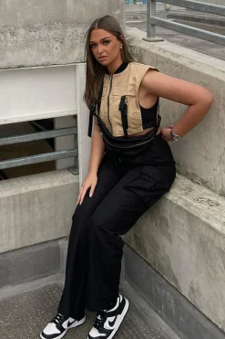 Rebellious Fashion Black Straight Leg Cargo Trousers - Aida