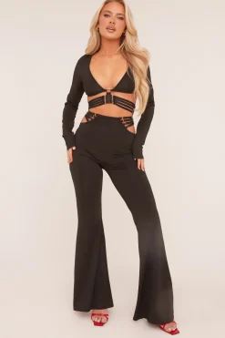 Rebellious Fashion Black Strap Detail Cropped Top & Kick Flare Trouser Co-ord Set - Jemima
