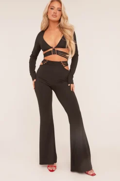 Rebellious Fashion Black Strap Detail Cropped Top & Kick Flare Trouser Co-ord Set - Jemima