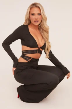 Rebellious Fashion Black Strap Detail Cropped Top & Kick Flare Trouser Co-ord Set - Jemima