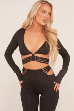 Rebellious Fashion Black Strap Detail Cropped Top & Kick Flare Trouser Co-ord Set - Jemima
