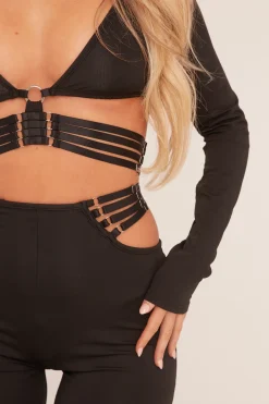 Rebellious Fashion Black Strap Detail Cropped Top & Kick Flare Trouser Co-ord Set - Jemima