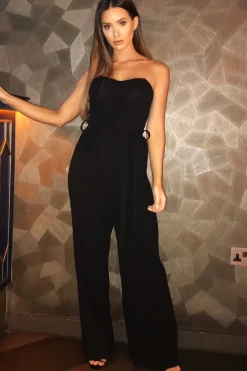 Rebellious Fashion Black Strapless Belted Pleated Wide Leg Jumpsuit - Jasmine