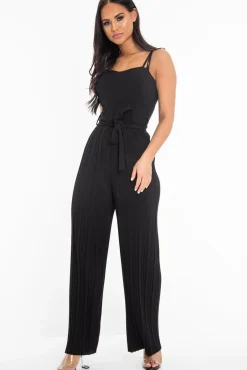 Rebellious Fashion Black Strapless Belted Pleated Wide Leg Jumpsuit - Jasmine