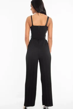 Rebellious Fashion Black Strapless Belted Pleated Wide Leg Jumpsuit - Jasmine