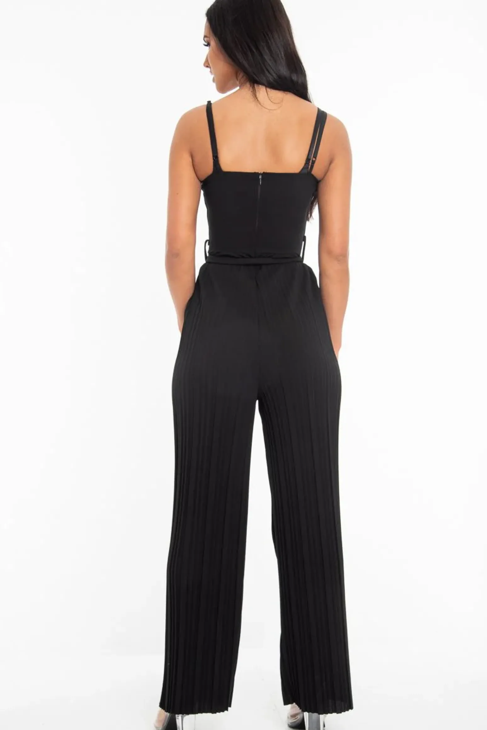 Rebellious Fashion Black Strapless Belted Pleated Wide Leg Jumpsuit - Jasmine