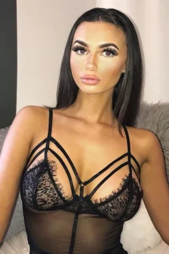 Rebellious Fashion Black Strappy Floral Lace Mesh Bodysuit - Daniella