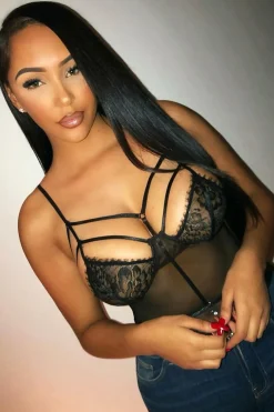 Rebellious Fashion Black Strappy Floral Lace Mesh Bodysuit - Daniella