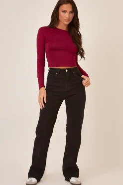 Rebellious Fashion Black Stretch Frayed Hem Straight Leg Jeans - Scarlett
