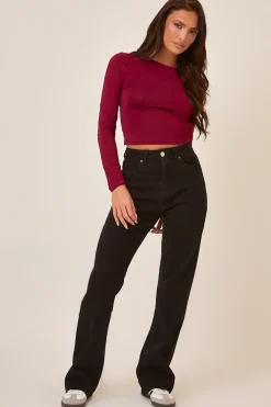 Rebellious Fashion Black Stretch Frayed Hem Straight Leg Jeans - Scarlett