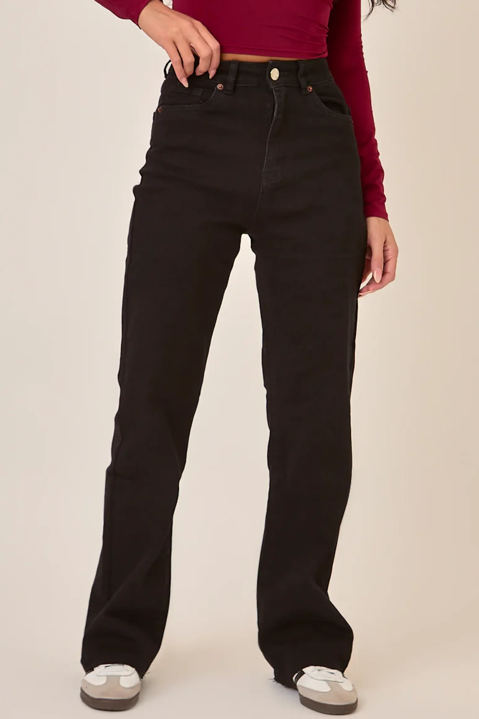 Rebellious Fashion Black Stretch Frayed Hem Straight Leg Jeans - Scarlett