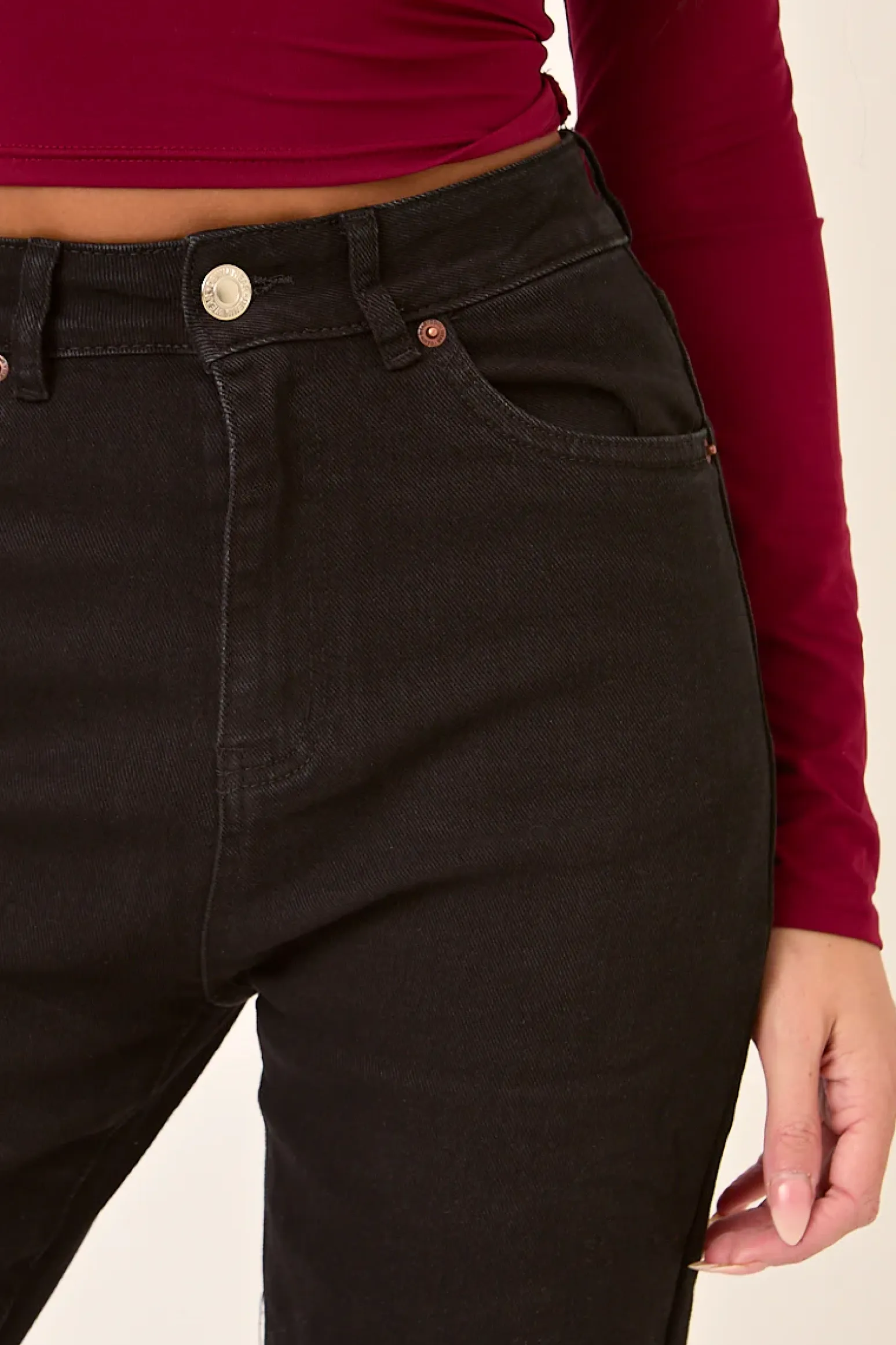 Rebellious Fashion Black Stretch Frayed Hem Straight Leg Jeans - Scarlett
