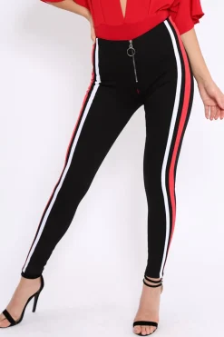 Rebellious Fashion Black Stretch Leggings with Red and White Side Stripe - Myrical