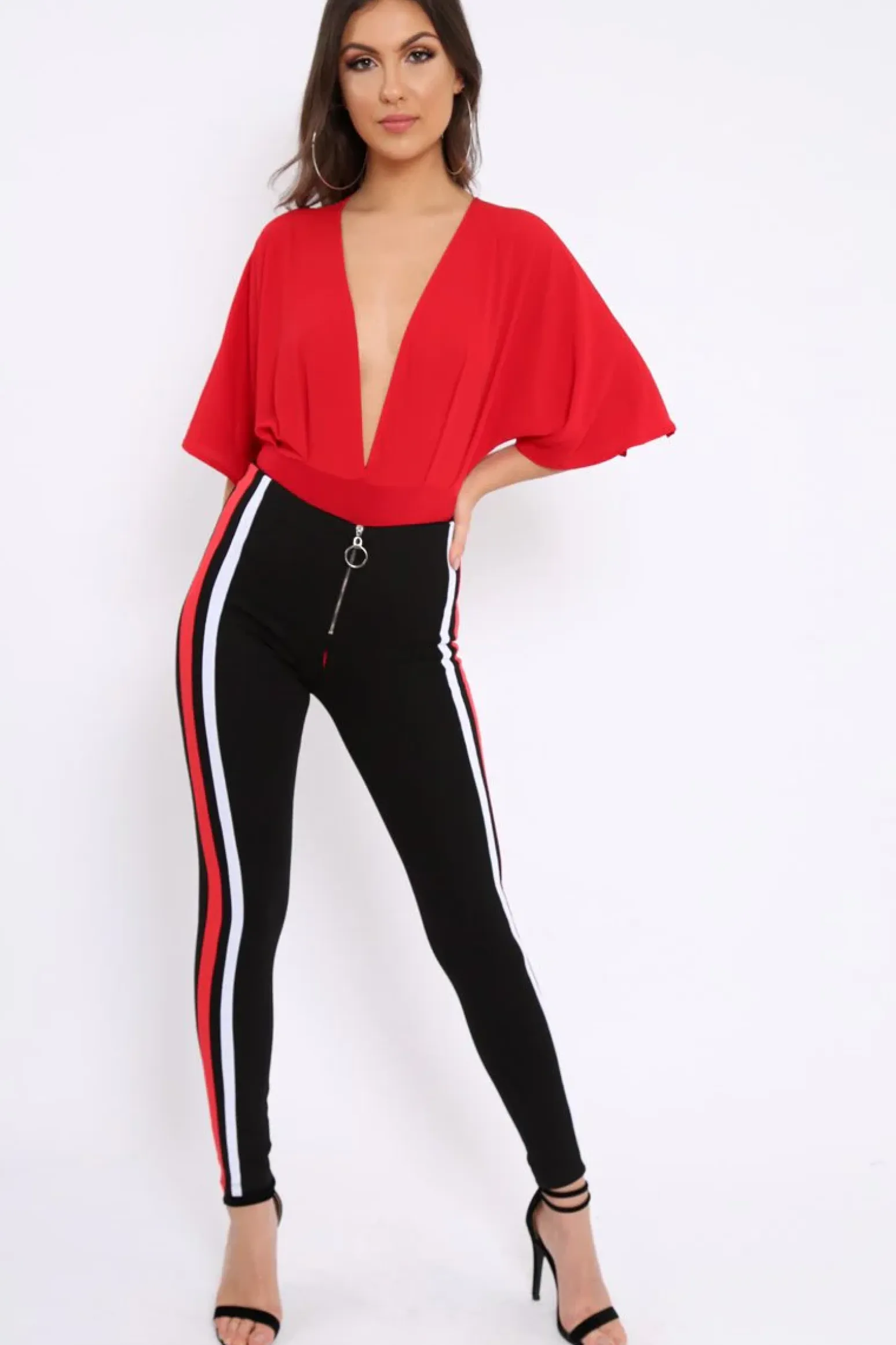 Rebellious Fashion Black Stretch Leggings with Red and White Side Stripe - Myrical
