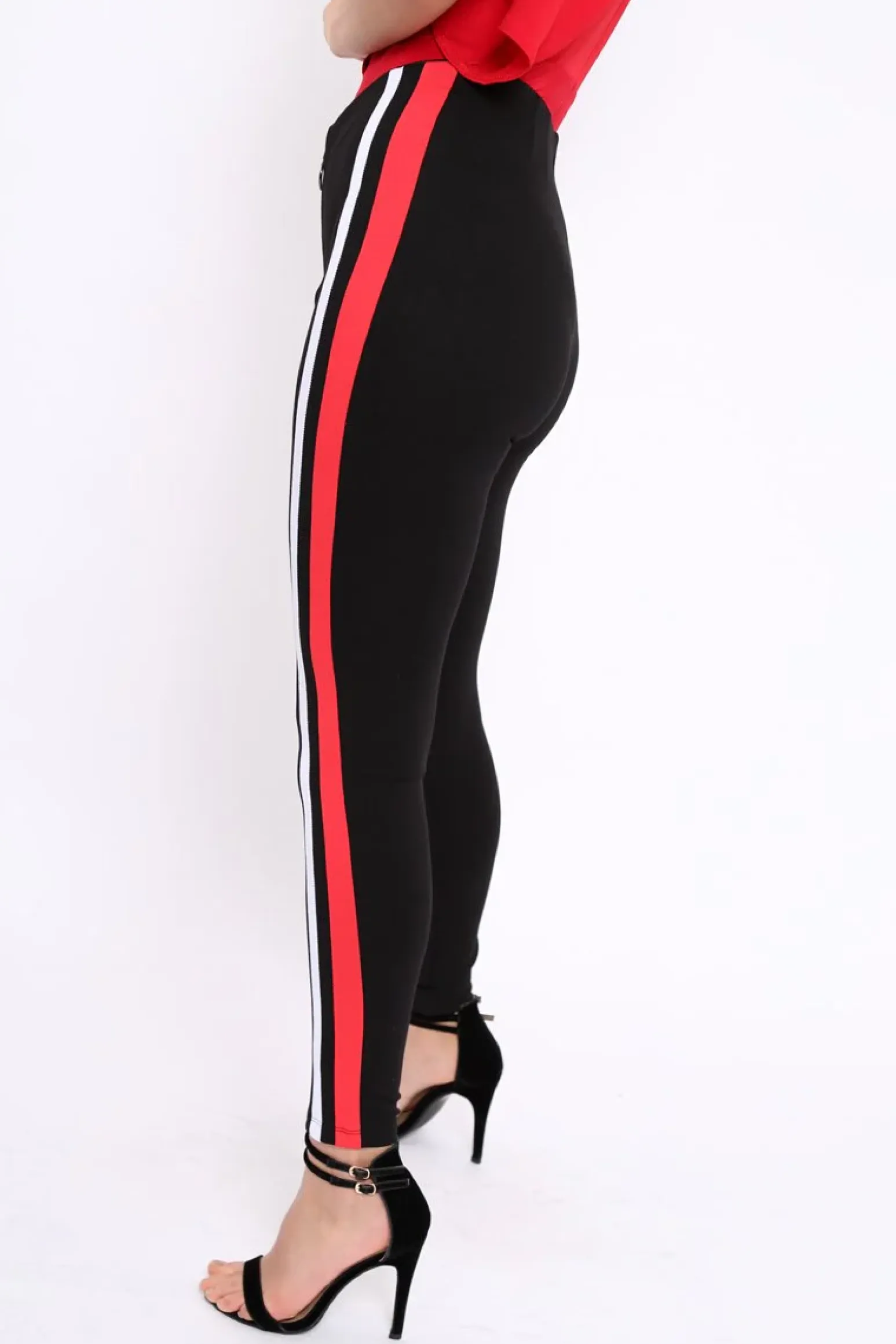 Rebellious Fashion Black Stretch Leggings with Red and White Side Stripe - Myrical