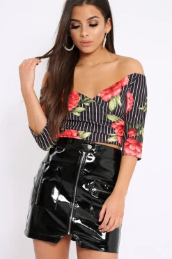 Rebellious Fashion Black Stripe and Floral Bardot Crop Top - Suze