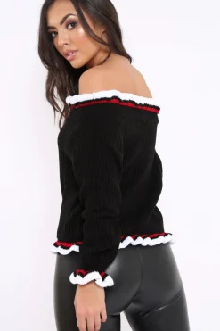 Rebellious Fashion Black Stripe Bardot Knitted Jumper - Bailey