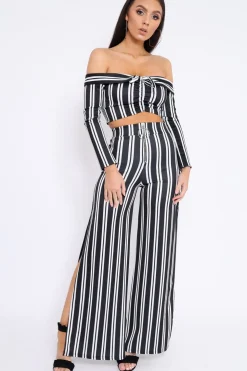 Rebellious Fashion Black Stripe Bardot Ruffle Top and Trouser Set - Inas